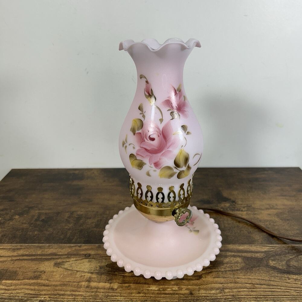 VTG Pink Hurricane Lamp Hand Paint Roses Milk Glass Works 11” Scalloped Hobnail - Picture 11 of 11